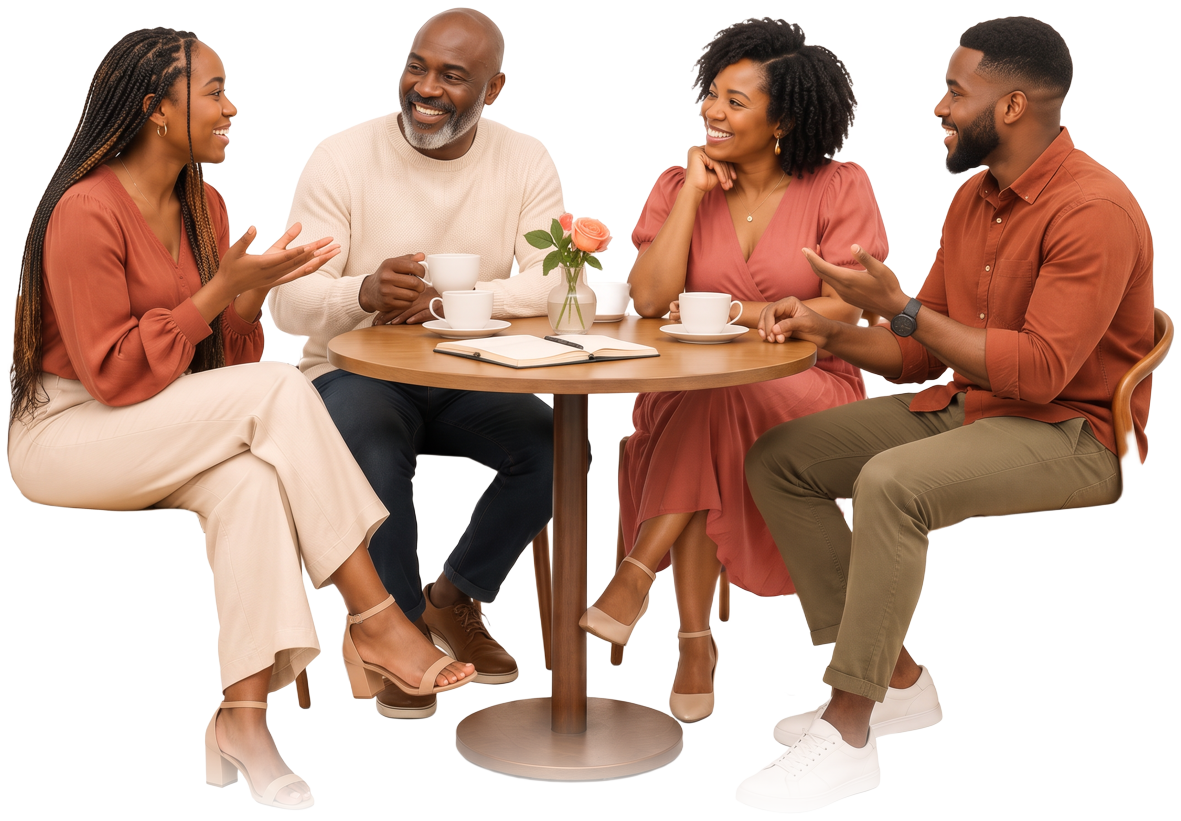 A group of friends sitting around a table, talking and laughing over coffee